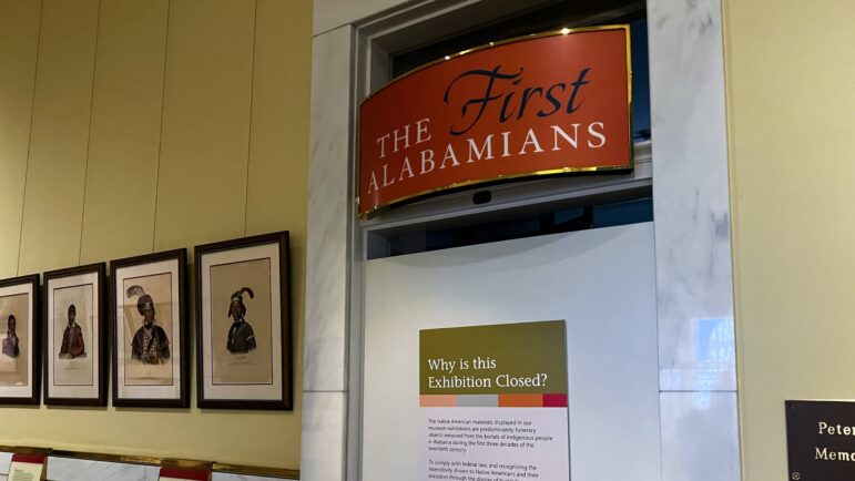 The entry to “The First Alabamians” exhibit is closed off at the Alabama Department of Archives and History, Nov. 8, 2022.