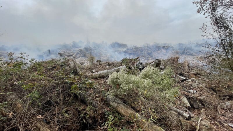 Smoke billows from a pile of environmental waste and trash.