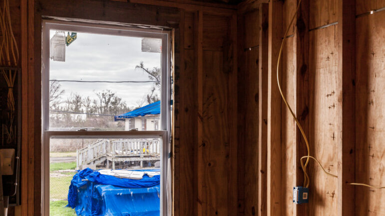 A view from the inside of Keith and Ruth Crosby’s unfinished home in Golden Meadow, Louisiana, Jan. 16, 2023.