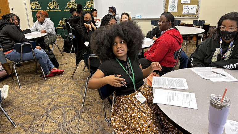 Kahlila Bandely participates during Emmitt Glynn’s AP African American Studies class at Baton Rouge Magnet High School on March 2, 2023. Bandely, a senior, frequently engages Mr. Glynn in discussion. She said in other history classes, she and other marginalized students felt brushed over, but not in this one.

