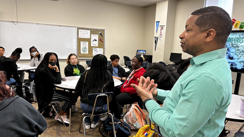 Emmitt Glynn leads the AP African American studies course at Baton Rouge Magnet High School in Baton Rouge, Louisiana, on March 2, 2023. It is one of 60 schools piloting the course nationally.