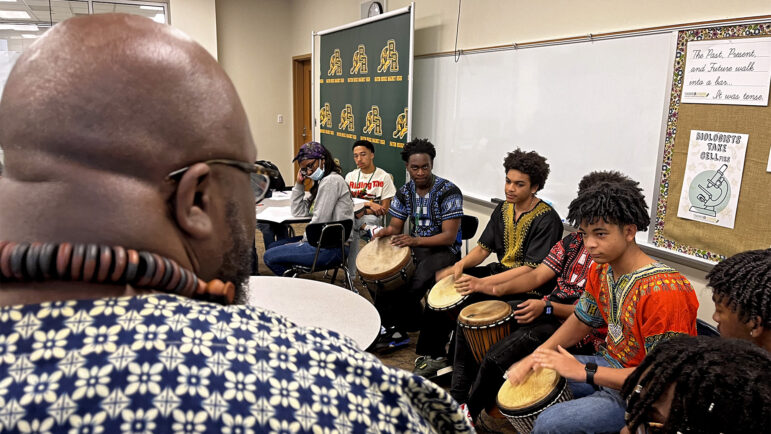 Students in Baton Rouge Magnet High School’s music program perform an African drum circle on djembe drums during an AP African American Studies class on March 2, 2023. The performance was done to show how African beats and rhythm influence African American music genres. The students will sometimes perform in the hallways and cafeteria to the delight of their classmates.