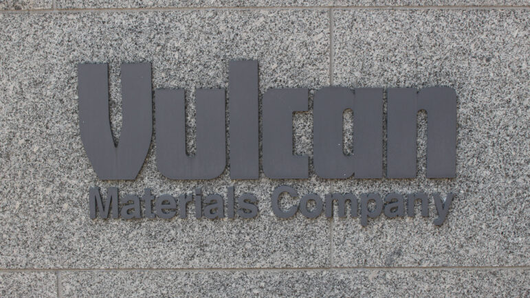 A grey sign reads "Vulcan" in large text and "materials company" in small text.