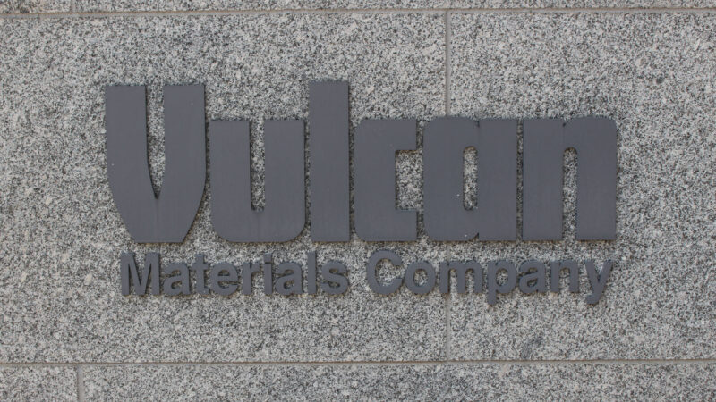 A grey sign reads "Vulcan" in large text and "materials company" in small text.