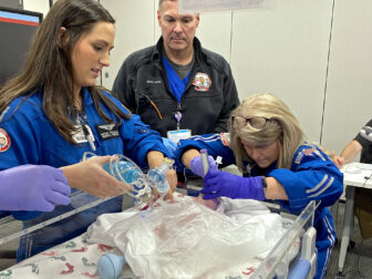 The STORK program launched at UMMC in May. During the 4-hour course, health care providers learn how to help mothers in an emergency and intubate a premature infant, as shown here, Feb. 16, 2023.