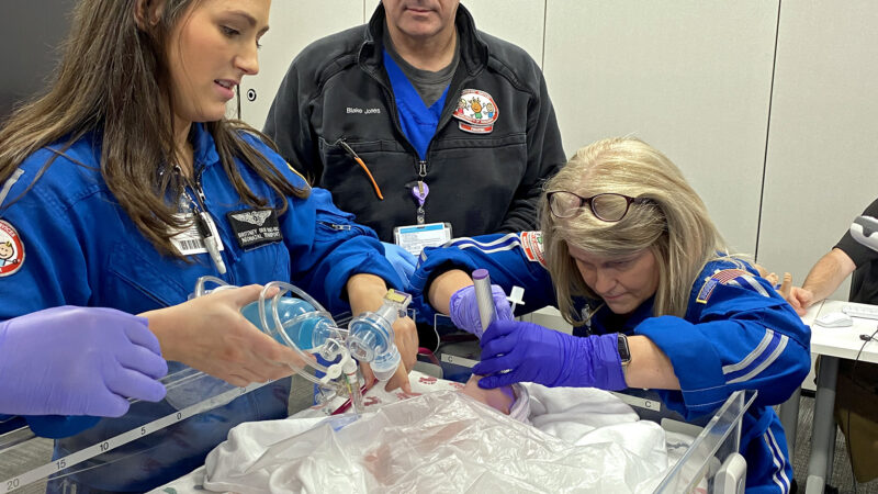 The STORK program launched at UMMC in May. During the 4-hour course, health care providers learn how to help mothers in an emergency and intubate a premature infant, as shown here, Feb. 16, 2023.
