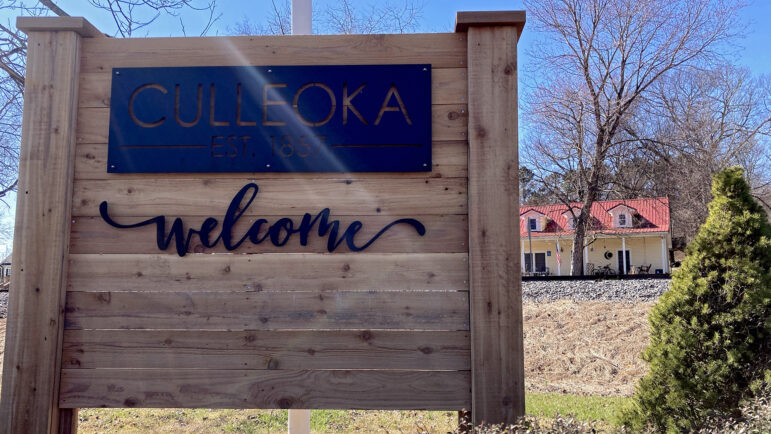 A sign welcomes visitors to the small, unincorporated town of Culleoka, Tennessee. Residents worried a neighborhood Dollar General could harm their quiet, country lives.