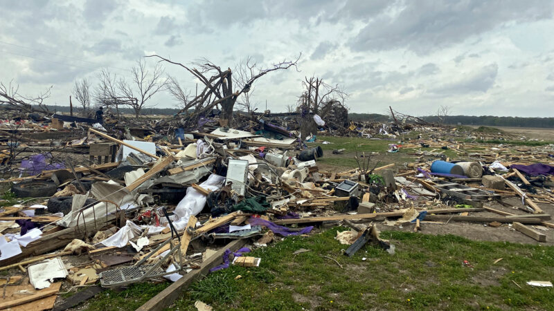 Debris left over from a tornado that ripped through Rolling Fork, Mississippi is scattered on the property of the Pinkins family on March 31, 2023.