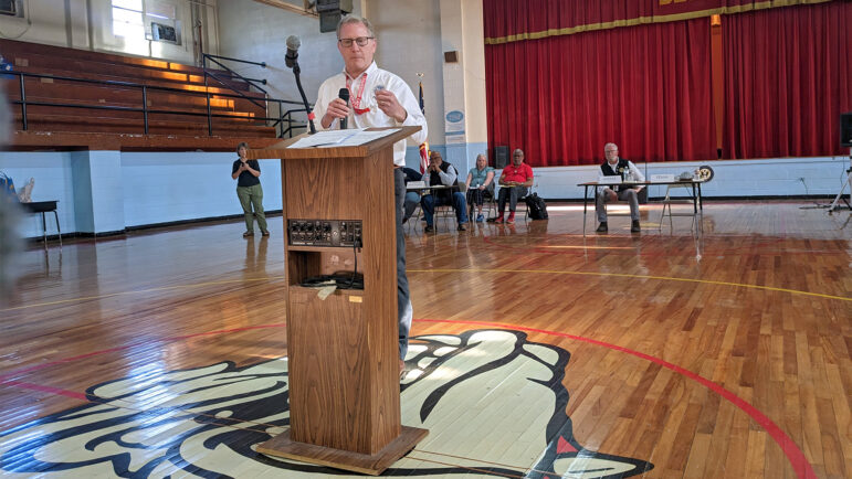 John Boyle, a federal coordinating officer with the Federal Emergency Management Agency, answers resident questions during a town hall meeting in Rolling Fork, Mississippi on Tuesday, April 11, 2023.