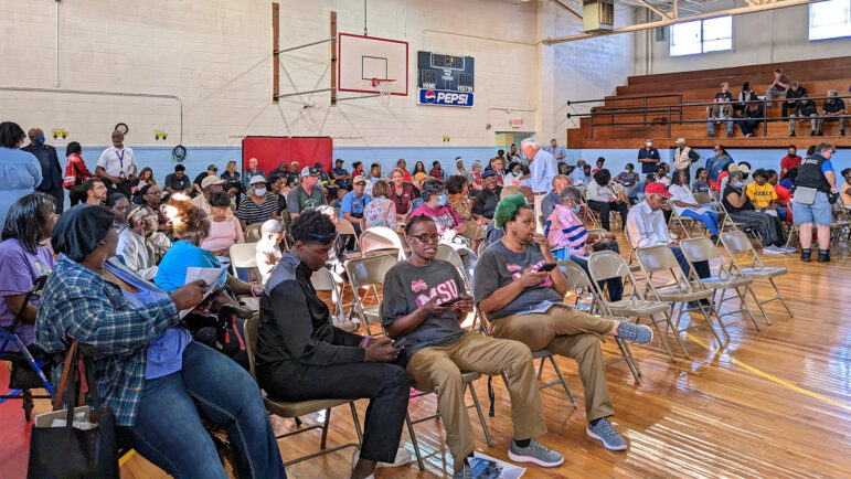 Rolling Fork, Mississippi, residents gather for a town hall meeting in the South Delta Elementary School gym on Tuesday, April 11, 2023.
