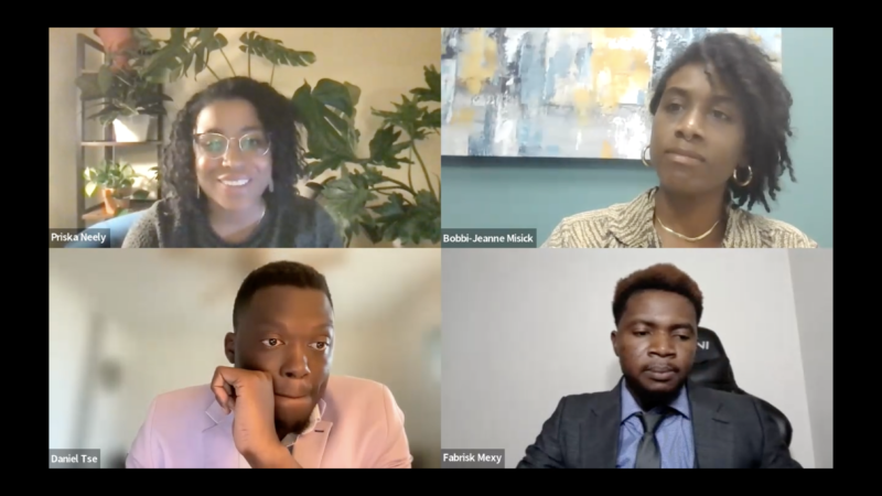 Gulf States Newsroom managing editor Priska Neely moderates a discussion between GSN race, justice and equity reporter Bobbi-Jeanne Misick and guests Daniel Tse and Fabrisk Bidpua on Zoom.