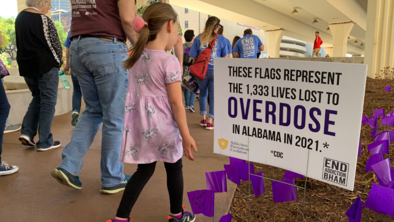 Families march in downtown Birmingham during the Alabama Prevention Coalition's 2023 End Addiction Walk.