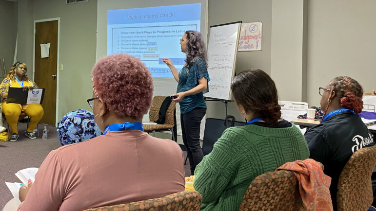 Dalia Abrams, co-founder of BirthWell Partners, leads a session of the nonprofit's doula training class in Birmingham, Alabama, on April 23, 2023.