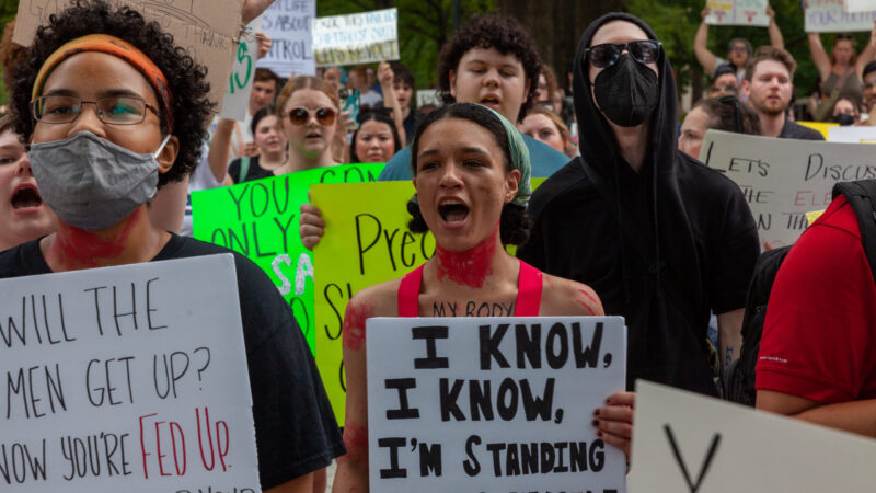 A crowd chants during a protest against the Supreme Court's ruling overturning Roe v. Wade on Saturday, June 25, 2022, in Birmingham, Alabama.