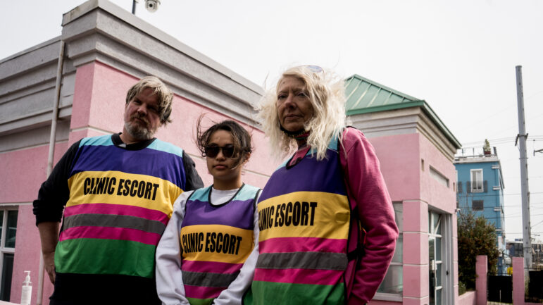 In this file photo, Derenda Hancock (right) poses with her fellow Pink House Defenders clinic escorts outside of Jackson Women's Health Organization in Jackson, Mississippi.