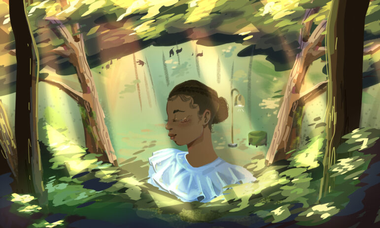 Jameia, the interviewee, is at the center of a forest environment. Light shines through the leaves and she has a serene look on her face.