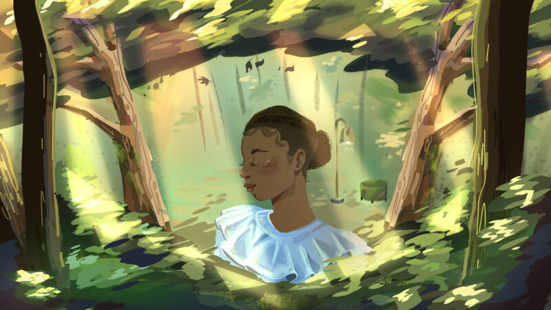 Jameia, the interviewee, is at the center of a forest environment. Light shines through the leaves and she has a serene look on her face.
