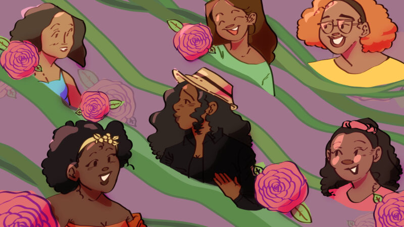 A portrait of Delena Chappel surrounded by roses and a community of women of color smiling at one another.
