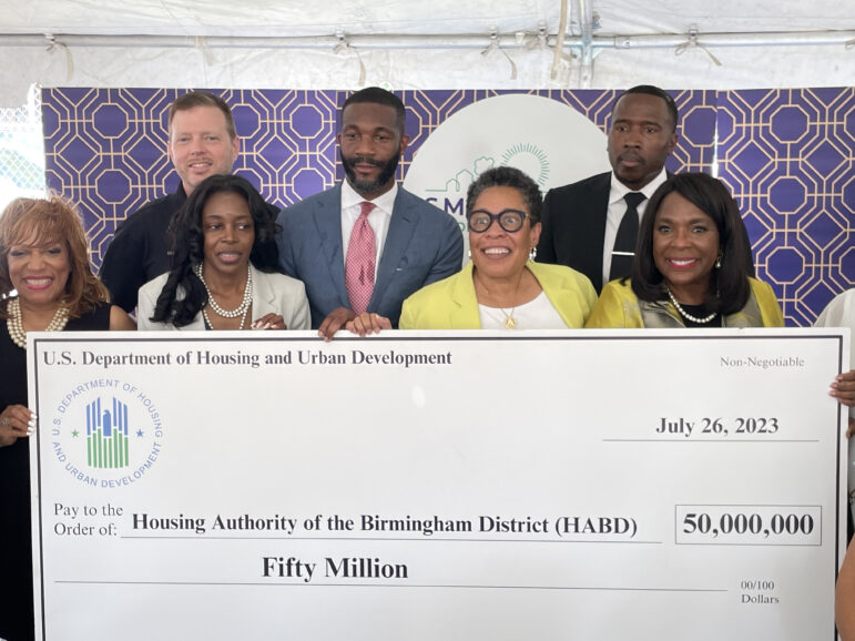 Officials celebrate $50 million HUD Choice Neighborhood program grant award to Birmingham. From left to right: Birmingham City Council President Wardine Alexander; City Council District Five Rep., Darrel O’Quinn; Housing Authority Birmingham District CEO Dontrelle Young-Foster; Birmingham Mayor Randall Woodfin, HUD Secretary Marcia Fudge; City Council District One Rep., Clinton Woods; U.S. Rep. Terri Sewell.