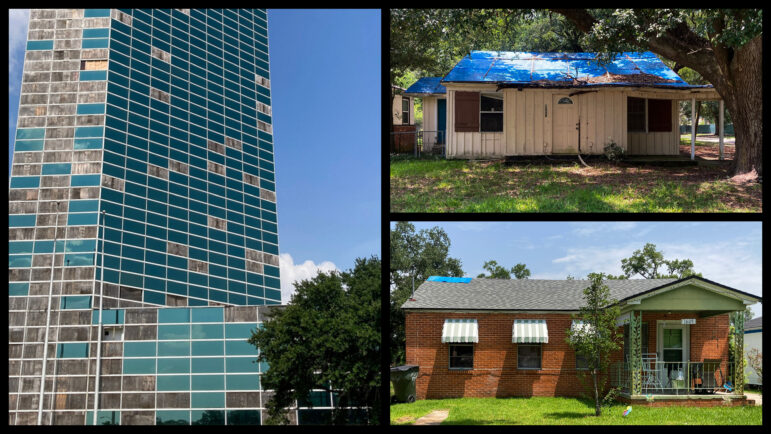 Recovery in Lake Charles, Louisiana, after Hurricane Laura in August 2020 remains uneven. While some homes have little or no blue tarps left on their roofs, others remain covered. Capital One Tower (pictured left) still needs significant repairs after the storm, on July 16, 2023.