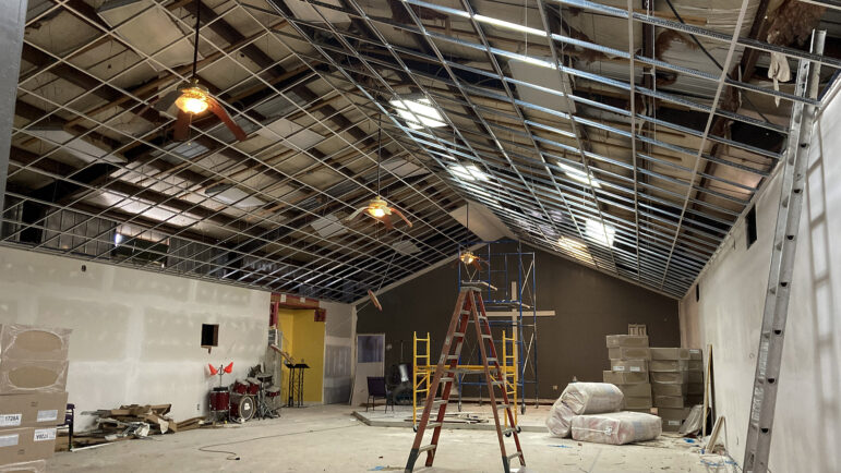 Repairs are ongoing to fix the sanctuary at Breath of Life Praise and Worship Center in Lakes Charles, Louisiana, on July 16, 2023 — three years after Hurricane Laura damaged this part of the building.