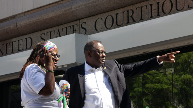 Letetia Jackson (left), a plaintiff in a high profile redistricting case, and Bernard Simelton, President of the Alabama State Conference of the NAACP, stand outside of Birmingham's federal courthouse on Monday, August 14, 2023, in Alabama.