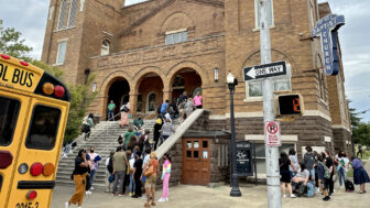 Birmingham middle school students enter the 16th Street Baptist Church on Sept. 14, 2023, during a field trip to commemorate the 60th anniversary of a bombing at the church that killed four young girls.