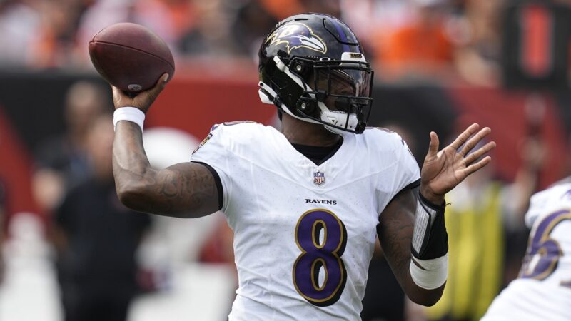 Baltimore Ravens quarterback Lamar Jackson throws during the first half of an NFL football game against the Cincinnati Bengals, Sunday, Sept. 17, 2023, in Cincinnati.