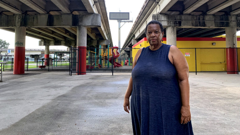 Amy Stelly stands in front of Hunter’s Field Playground in New Orleans on July 18, 2023.