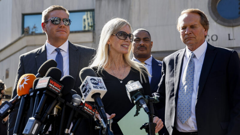 Beth Holloway speaks to media after the appearance of Joran van der Sloot outside the Hugo L. Black Federal Courthouse Wednesday, Oct. 18, 2023, in Birmingham, Ala.