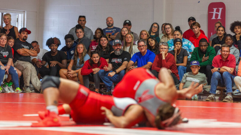 A standing-room-only crowd watches the opening of the Huntingdon Hawks' wrestling season on Saturday, Oct. 14, 2023, at Huntingdon College in Montgomery, Alabama.