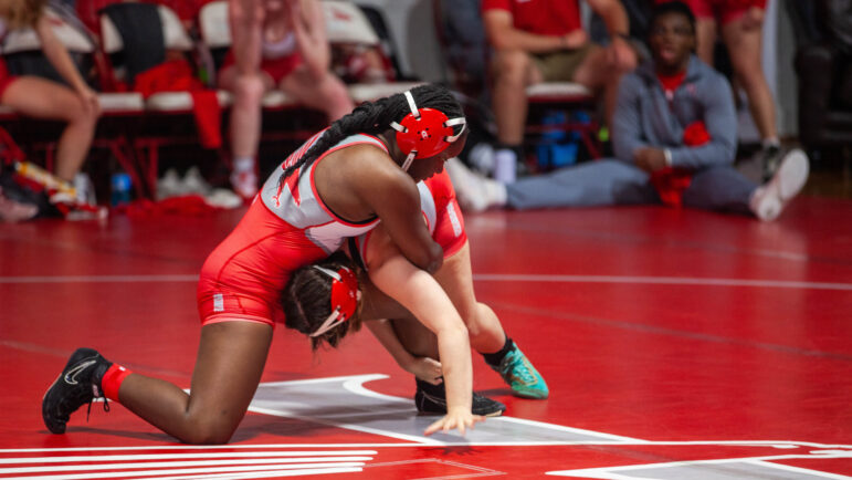 Freshman Shonticia Taft (left) wrestles during an intra-squad scrimmage to begin the wrestling season for the Huntingdon Hawks women's wrestling team on Saturday, Oct. 14, 2023, at Huntingdon College in Montgomery, Alabama.