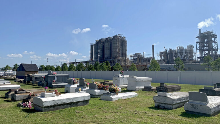 The Revilletown cemetery in Plaquemine, Louisiana, on September 6, 2023. The cemetery lies right next to a chemical plant owned by Westlake Corporation.