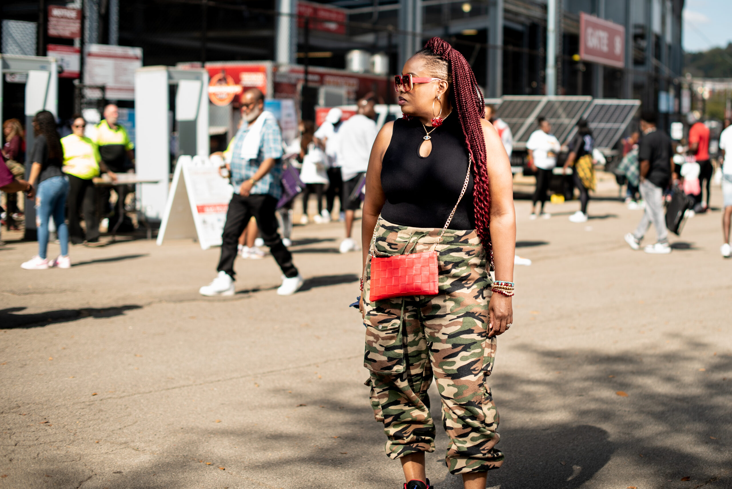 Felicia Bowman wears a black blouse and camouflage pants at the Magic City Classic in Birmingham, Alabama, U.S., on Saturday October 28th 2023.