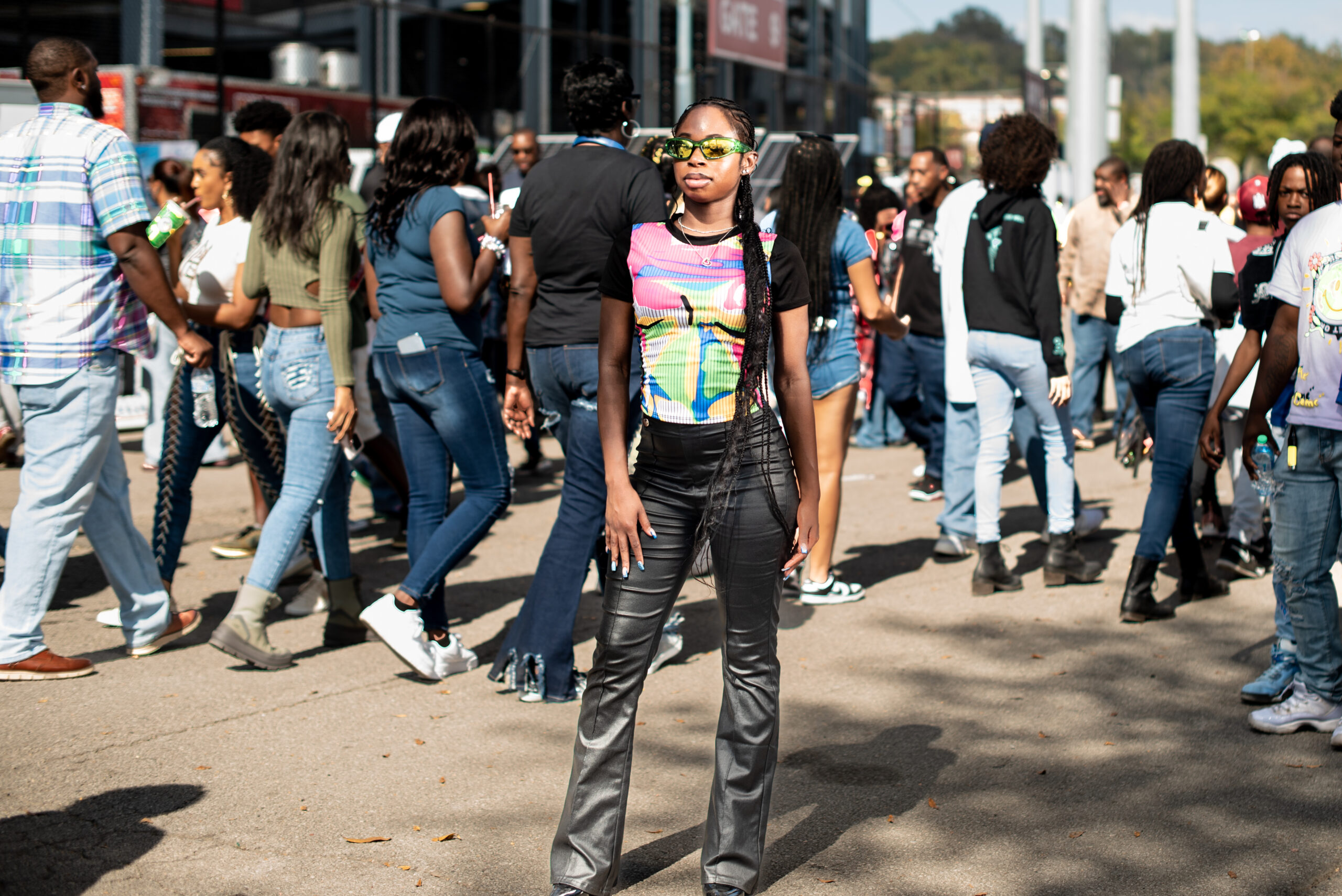 Chas Jones wears a graphic tee and leather pants at the Magic City Classic in Birmingham, Alabama, U.S., on Saturday October 28th 2023.