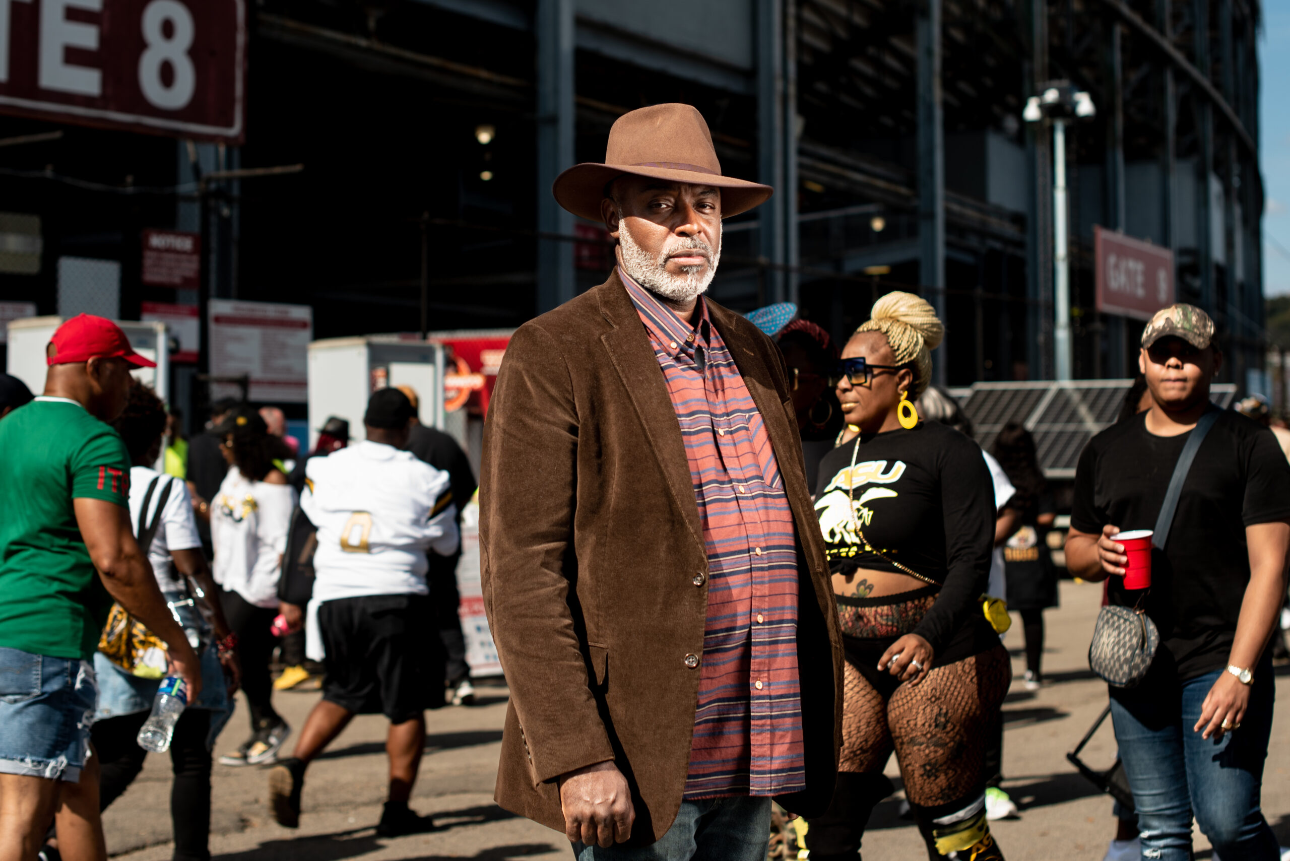 Cedric Myrick, Sr. steps out in with style sporting a classic sport coat and jeans look at the Magic City Classic in Birmingham, Alabama, U.S., on Saturday October 28th 2023.