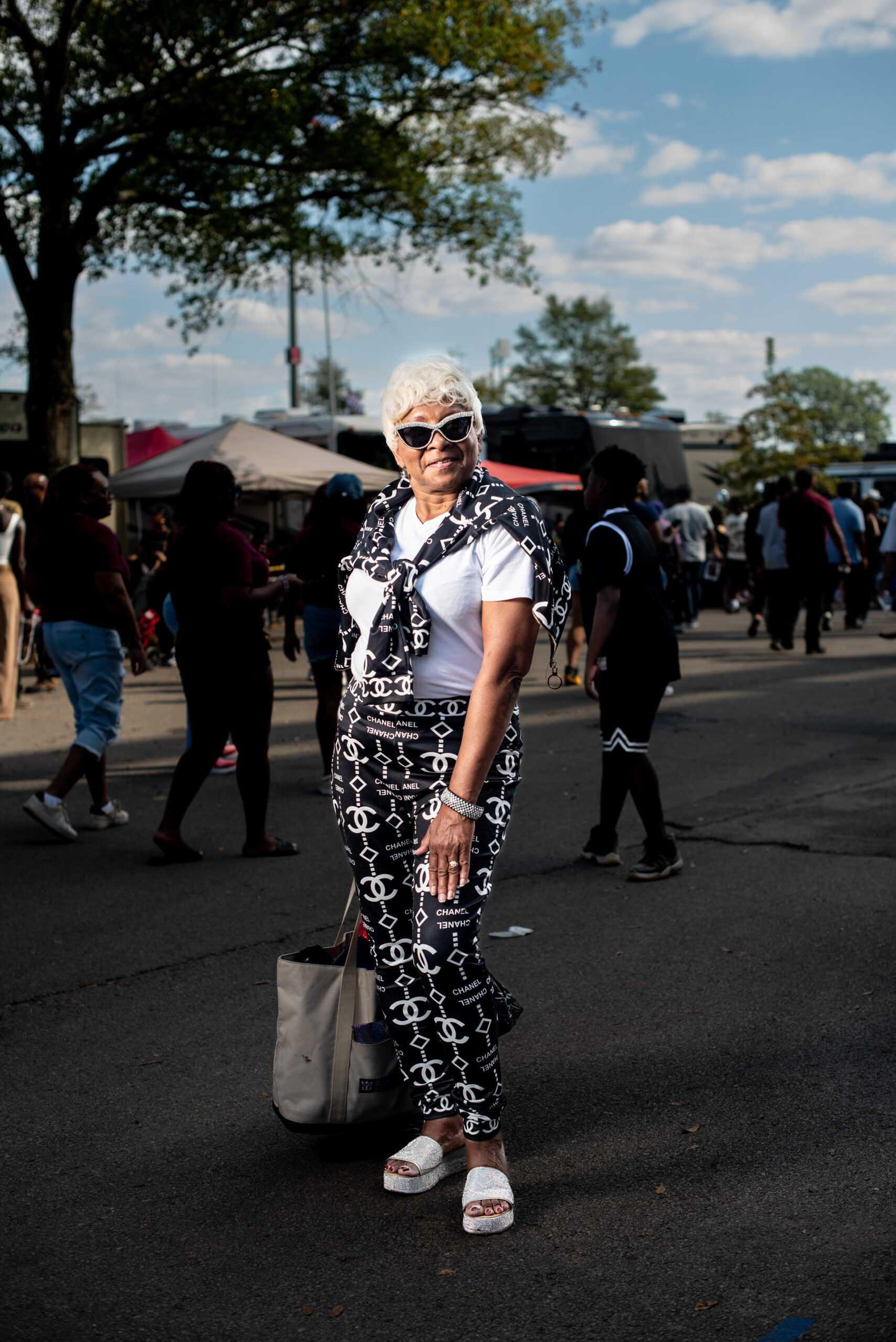 Treva Killian sports a white blouse with Chanel sweater and pants at the Magic City Classic in Birmingham, Alabama, U.S., on Saturday October 28th 2023.