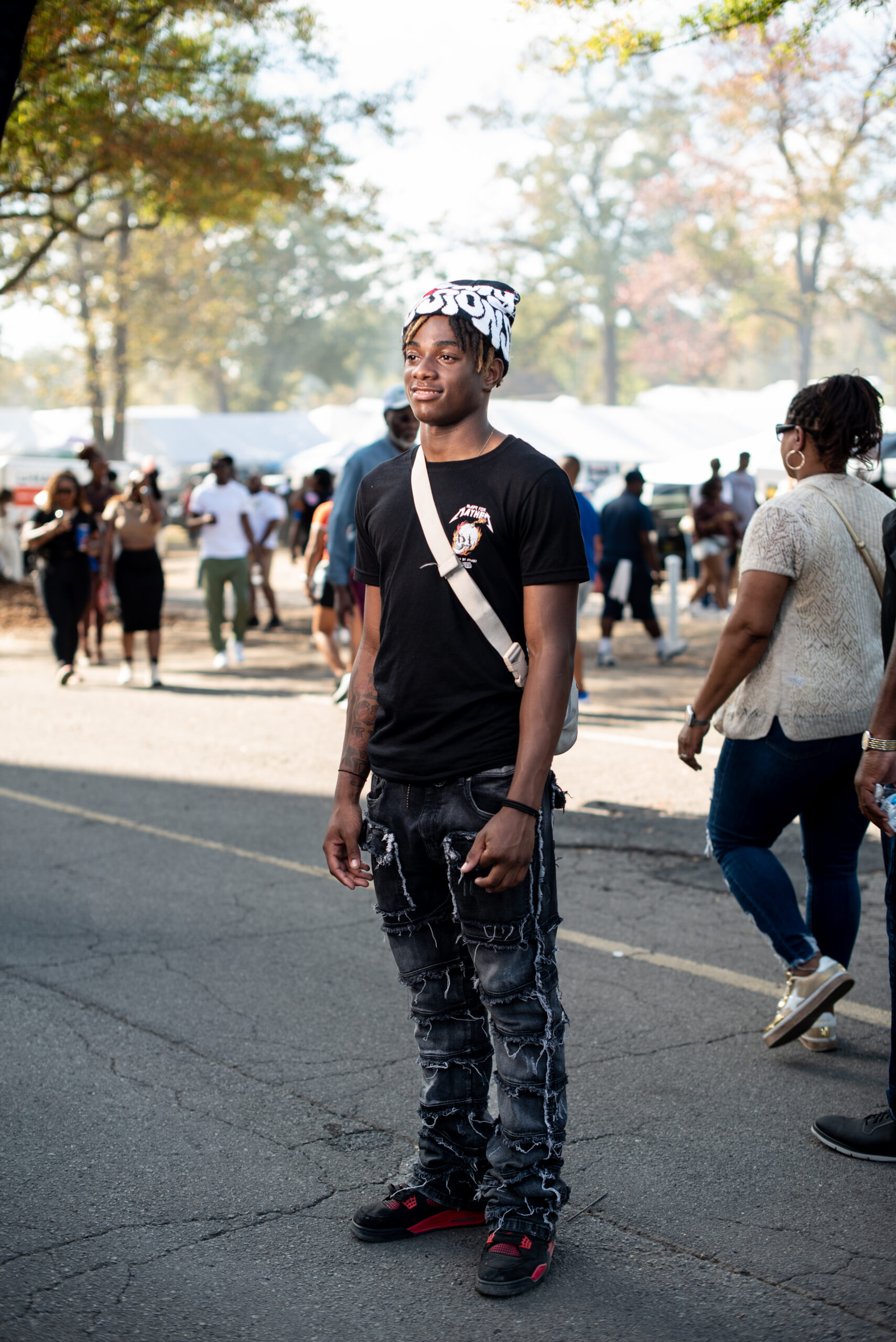 Kamari Bell wears designer jeans and Air Jordans to top off his Magic City Classic outfit in Birmingham, Alabama, U.S., on Saturday October 28th 2023.