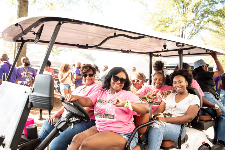Members of Alpha Kappa Alpha Sorority, Inc. and friends tailgate at the Magic City Classic in Birmingham, Alabama, on Saturday, Oct. 28, 2023.