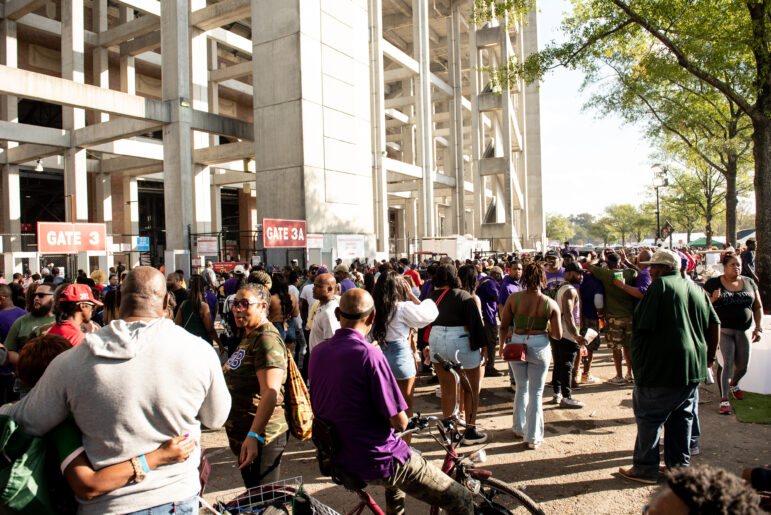 Crowd tailgate while waiting to enter Legion Field Stadium at the Magic City Classic in Birmingham, Alabama, on Saturday, Oct. 28, 2023.
