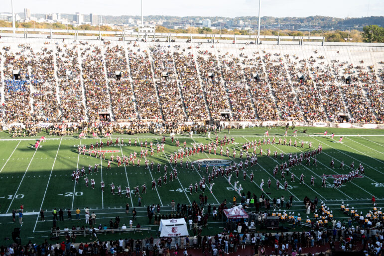 Alabama A&M University Band performs during halftime at the Magic City Classic in Birmingham, Alabama, on Saturday, Oct. 28, 2023.