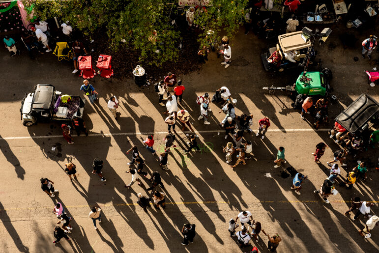 An overhead view of crowds tailgating near Legion Field Stadium at the Magic City Classic in Birmingham, Alabama, on Saturday, Oct. 28, 2023.