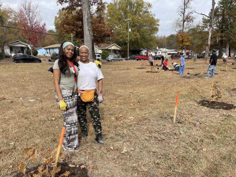 Britany Patrick and Traci Carlisle, both employees of the Birmingham VA, volunteered with Cool Green Trees to help plant trees at Lynn Park.