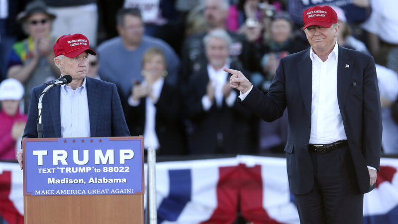Republican presidential candidate Donald Trump, right, gestures as Sen. Jeff Sessions, speaks during a rally, Februrary 28, 2016, in Madison, Alabama.