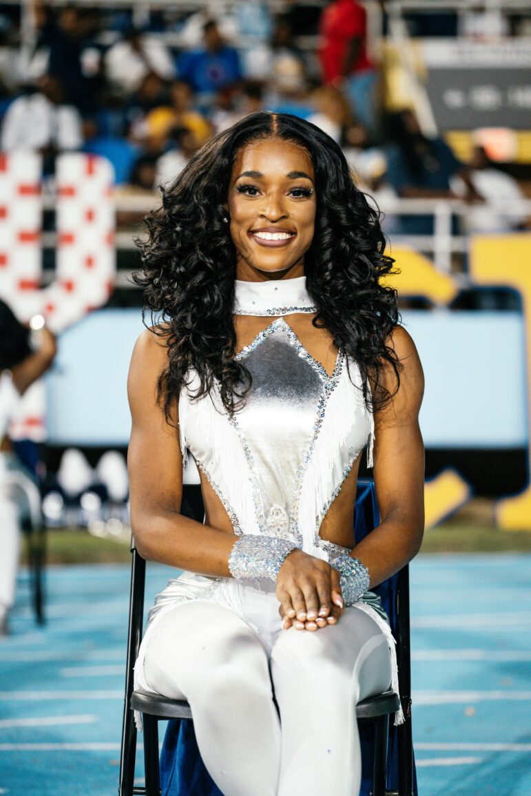 LaNeia Taylor prepares for a halftime performance with The Sonic Boom of the South. Taylor is the captain of the Prancing J-Settes, Jackson State’s dance team.
