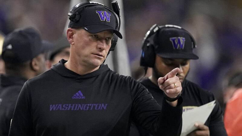 Washington head coach Kalen DeBoer watches during the first half of the national championship NCAA College Football Playoff game against Michigan Monday, Jan. 8, 2024, in Houston.