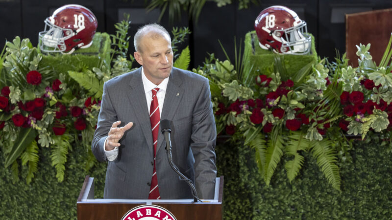 New Alabama head coach Kalen DeBoer gives his introductory speech during an NCAA college football press conference at Bryant-Denny Stadium.