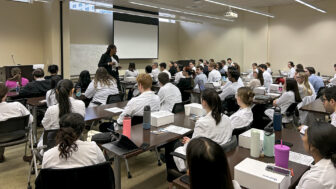 Sedera Montgomery demonstrates how to use Narcan to stop a fatal overdose to medical students at the UQ-Ochsner Clinical School in New Orleans on January 11, 2024.