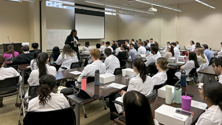 Sedera Montgomery demonstrates how to use Narcan to stop a fatal overdose to medical students at the UQ-Ochsner Clinical School in New Orleans on January 11, 2024.