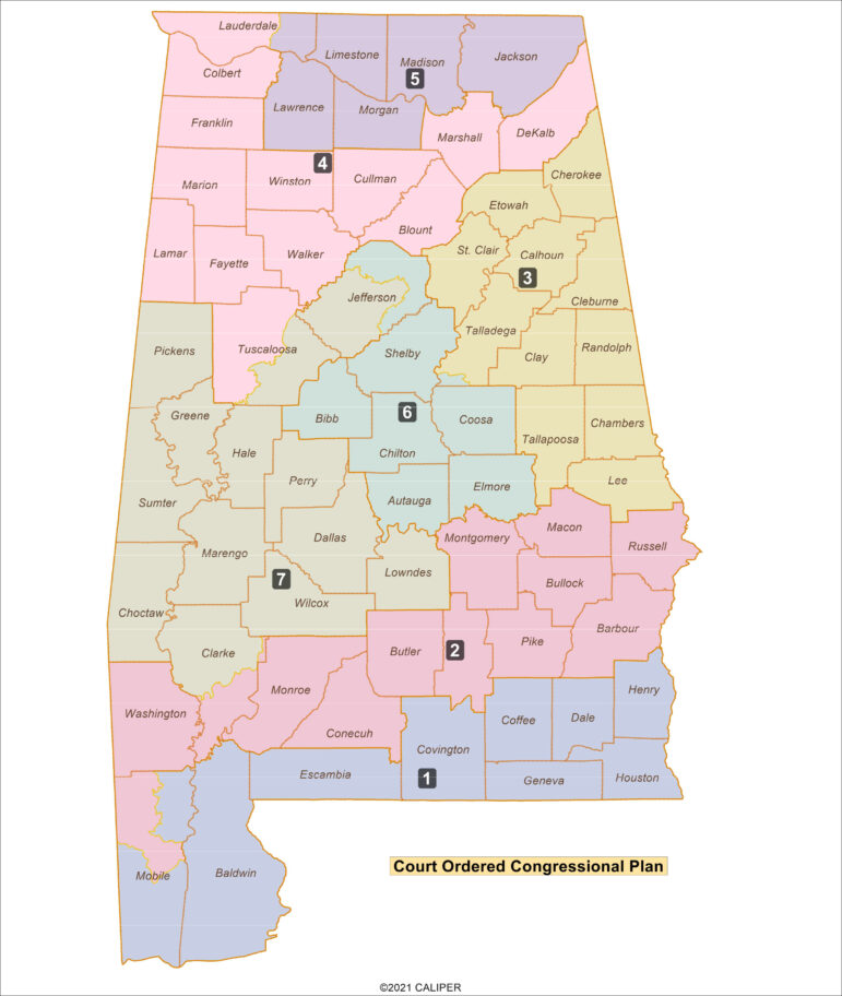A map of Alabama's congressional voting districts that includes the newly-redrawn District 2 to create a majority-Black voting district in the state.
